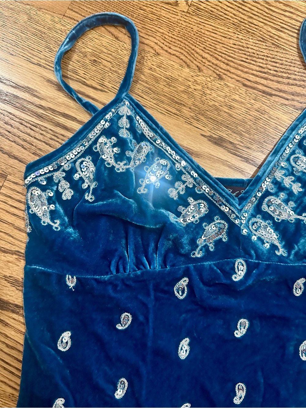 Central Park West Velvet Embroidered Cami Top - Teal - Picture 2 of 5